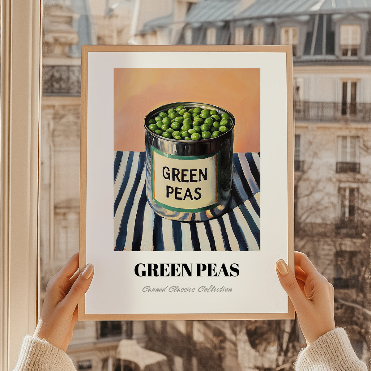 Green Peas – on Striped Tablecloth, Canned Vegetables Poster, styled in a charming Paris street view