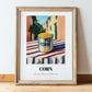 Corn – Italian Urban Café Scene, Canned Vegetables Painting, in wooden frame leaning on the floor
