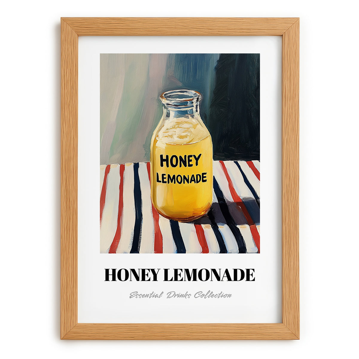 Honey Lemonade – on Striped Tablecloth, Lemonade Illustration, set in oak frame