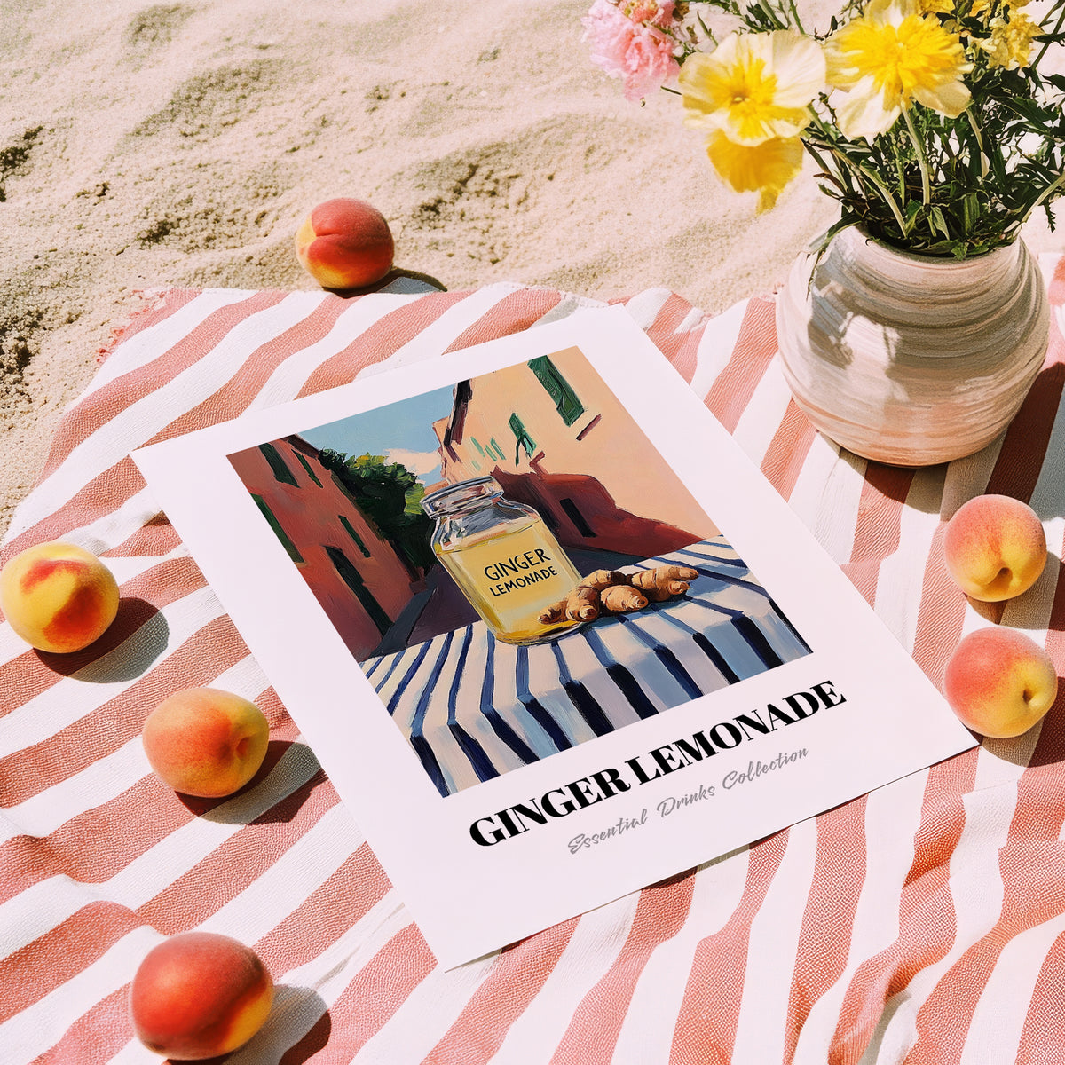 Ginger Lemonade – Italian Street Café Scene, Lemonade Still Life, unframed on coastal sand