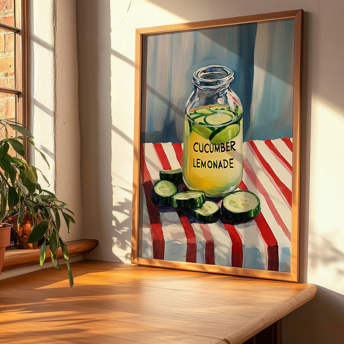 Cucumber Lemonade – on Striped Tablecloth, Lemonade Poster, clean layout with no caption