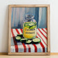 Cucumber Lemonade – on Striped Tablecloth, Lemonade Poster, no-text version framed in wood
