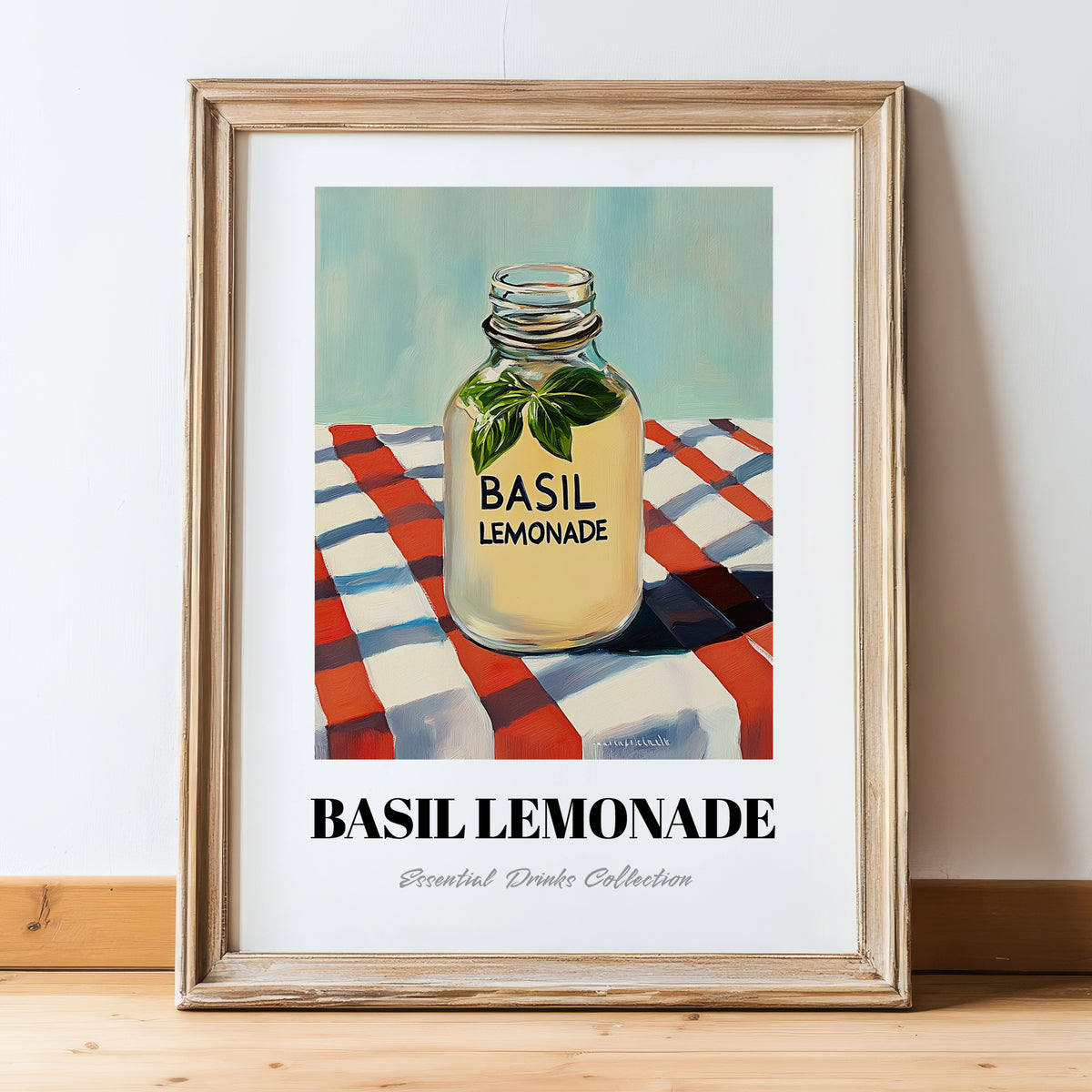 Basil Lemonade – on Striped Tablecloth, Lemonade Illustration, in wooden frame leaning on the floor