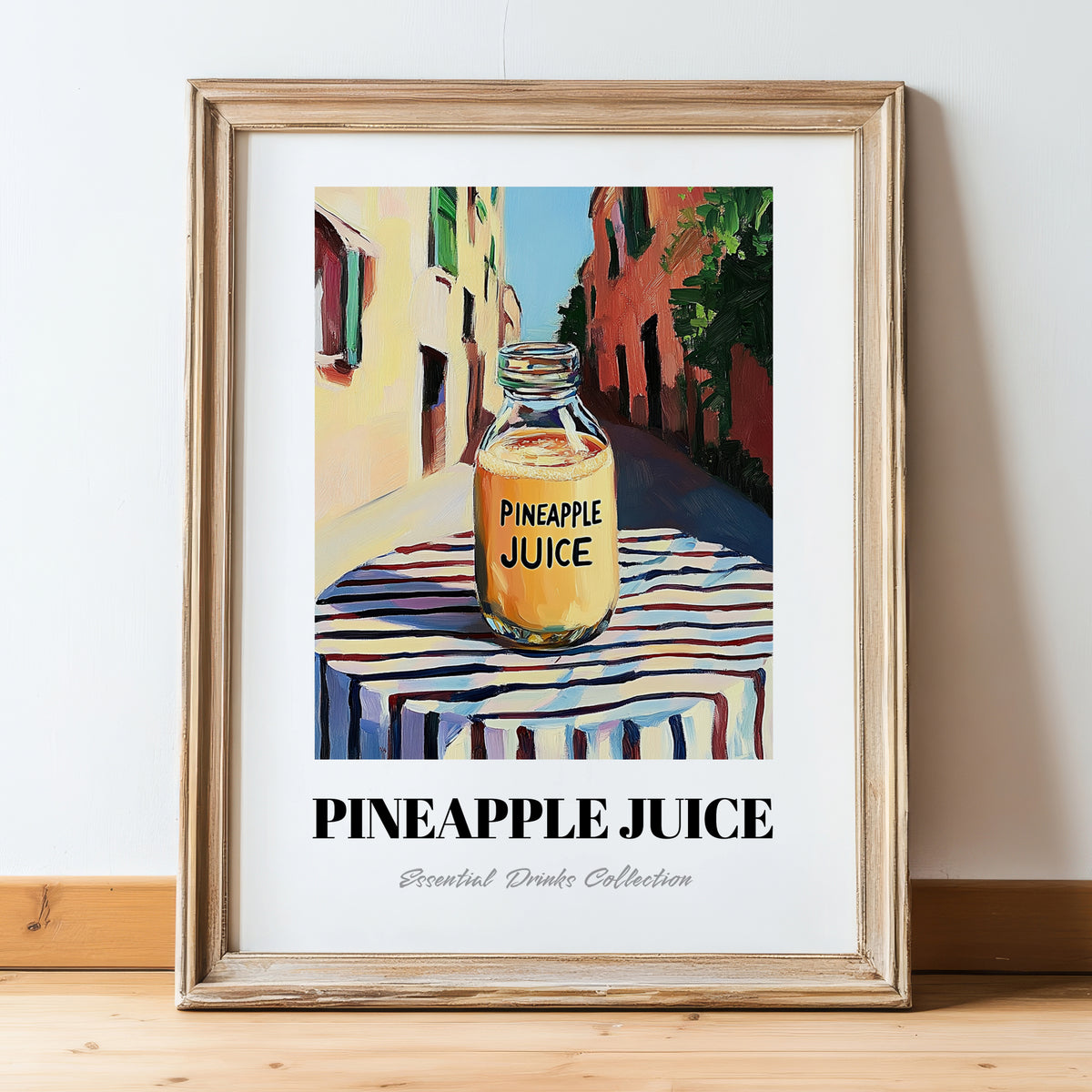 Pineapple Juice – Italian Urban Café Scene, Lemonade Poster, in wooden frame leaning on the floor