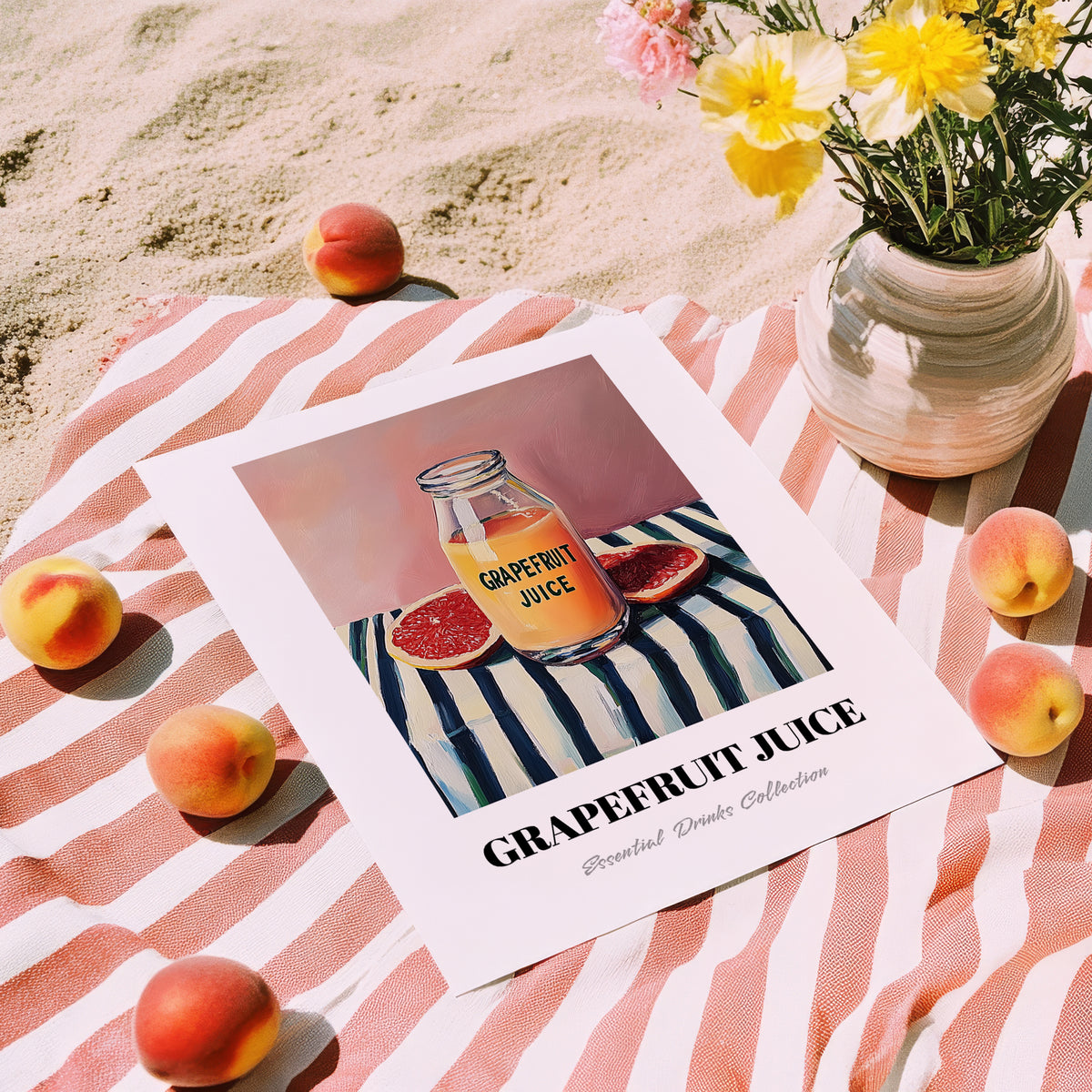 Grapefruit Juice – on Striped Tablecloth, Lemonade Wall Art, unframed on coastal sand
