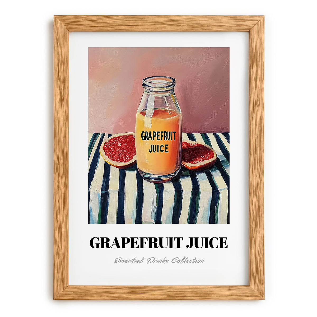 Grapefruit Juice – on Striped Tablecloth, Lemonade Wall Art, set in oak frame