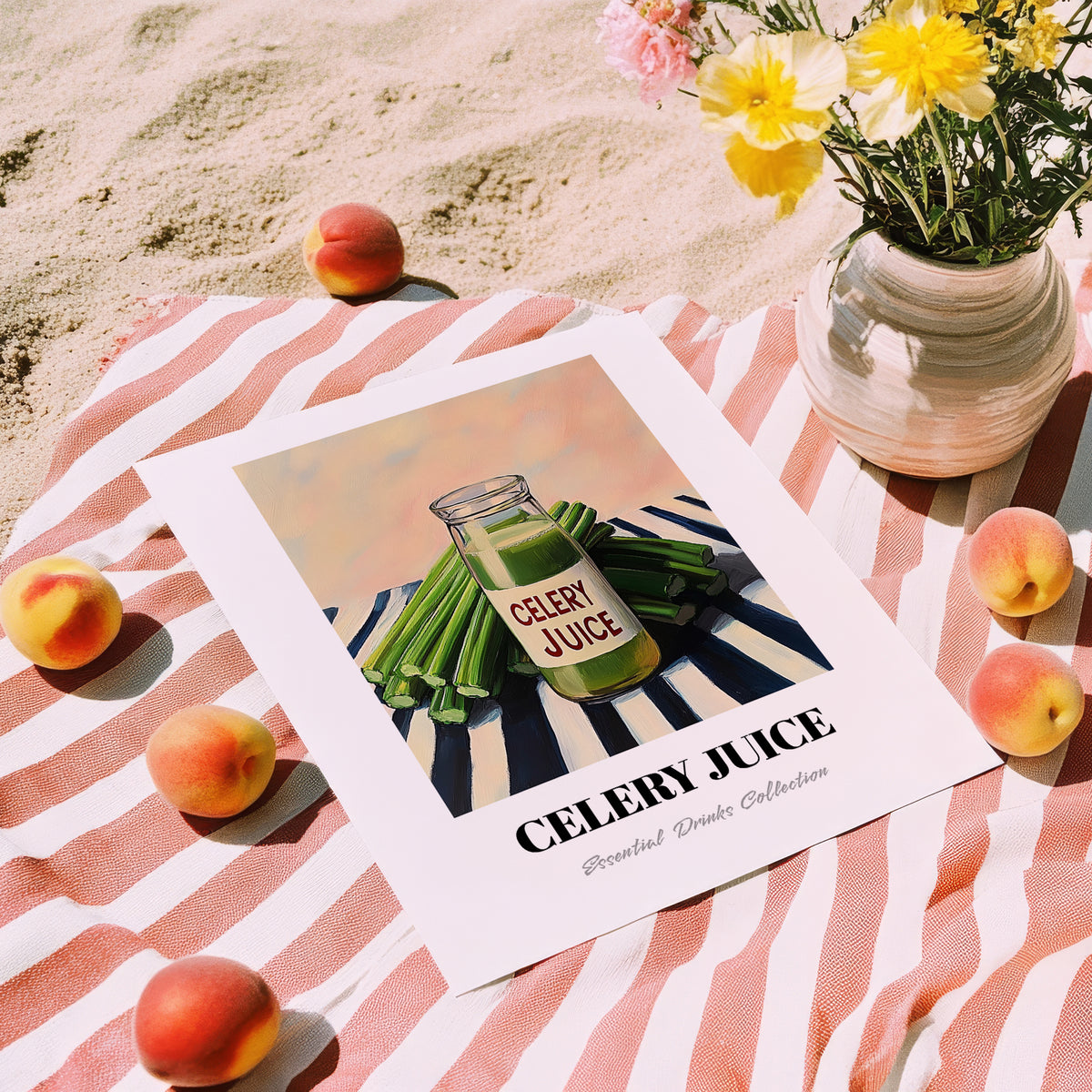 Celery Juice – on Striped Tablecloth, Lemonade Painting, unframed on coastal sand