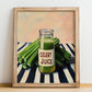 Celery Juice – on Striped Tablecloth, Lemonade Painting, no-text version framed in wood