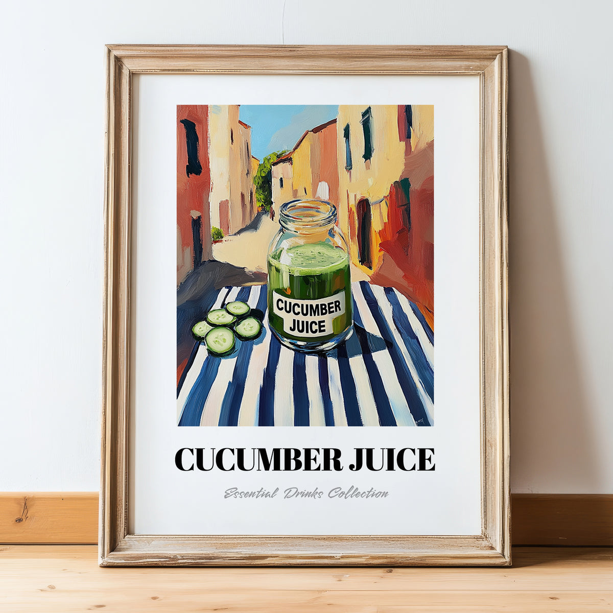 Cucumber Juice – Italian Outdoor Café Scene, Lemonade Wall Decor, in wooden frame leaning on the floor