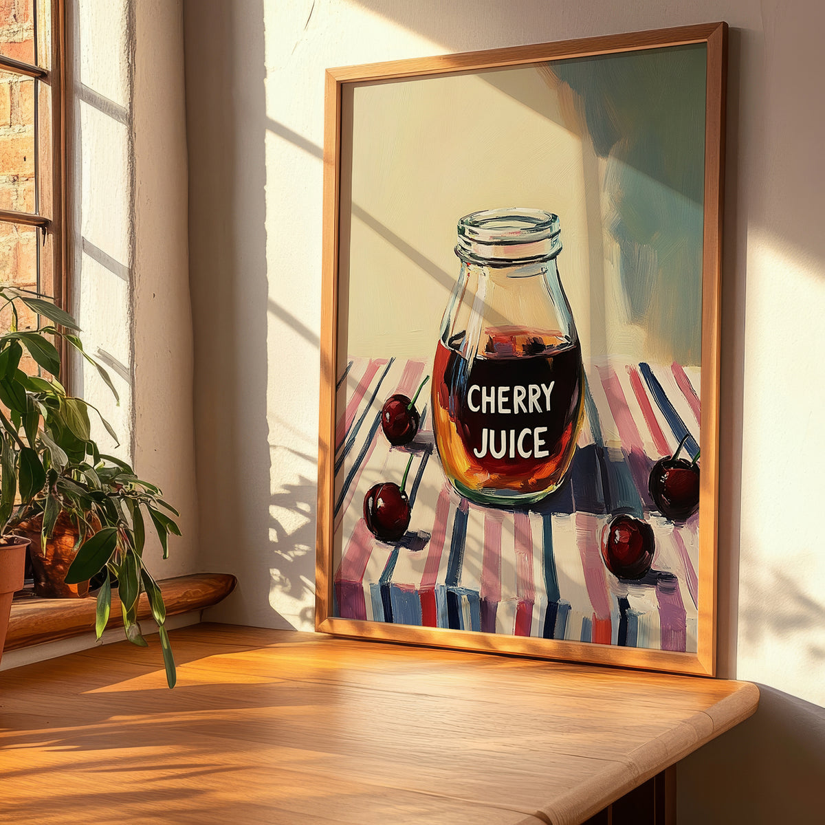 Cherry Juice – on Striped Tablecloth, Lemonade Wall Illustration, clean layout with no caption
