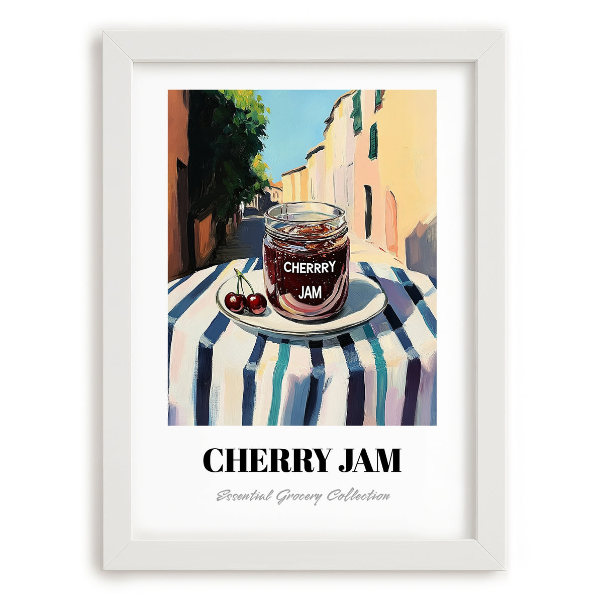 Cherry Jam – Italian Café on the Corner, Jam Painting, placed in minimal white frame