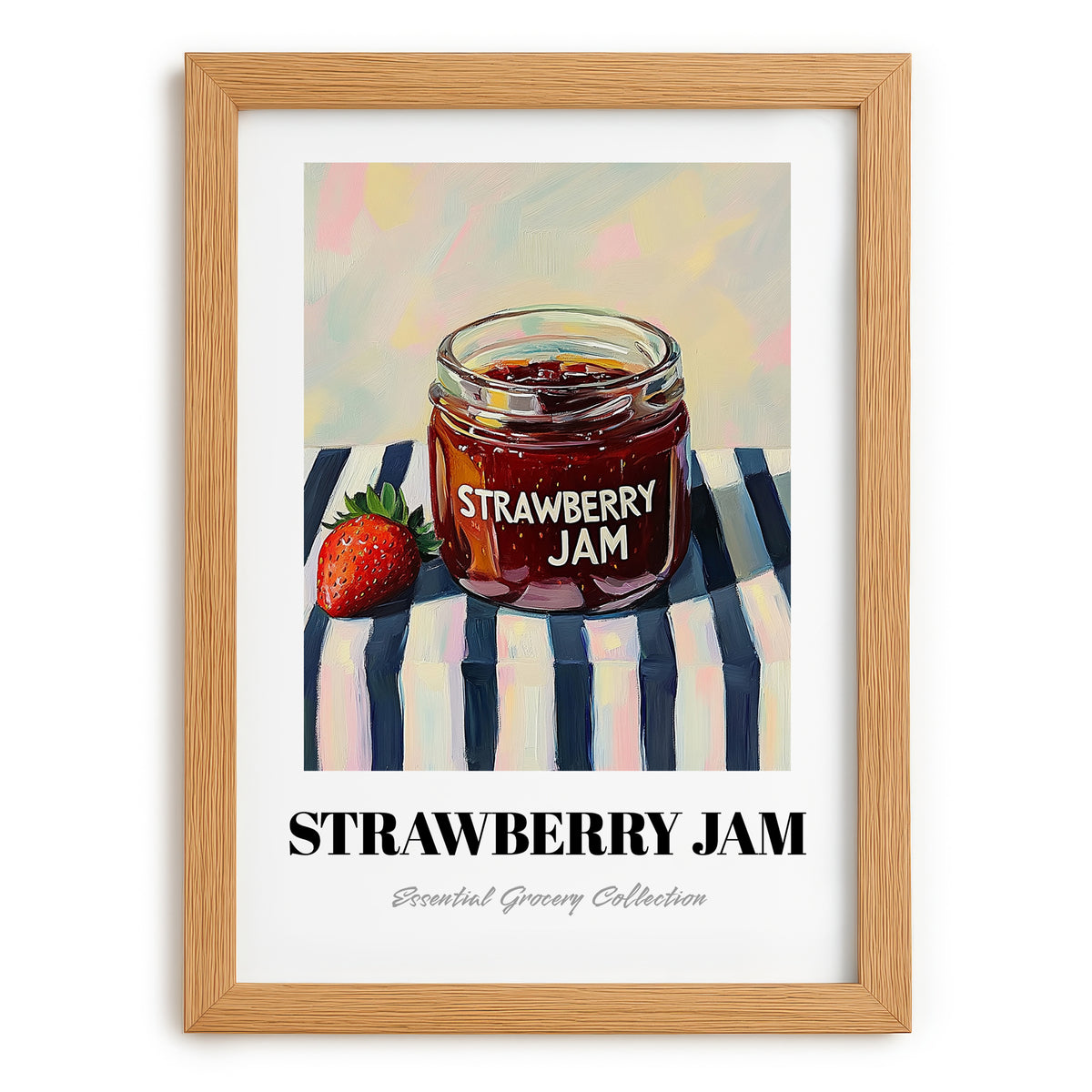 Strawberry Jam – on Striped Tablecloth, Jam Wall Art, set in oak frame