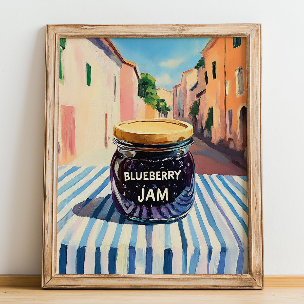 Blueberry Jam – Italian Café on the Corner, Jam Print, no-text version framed in wood