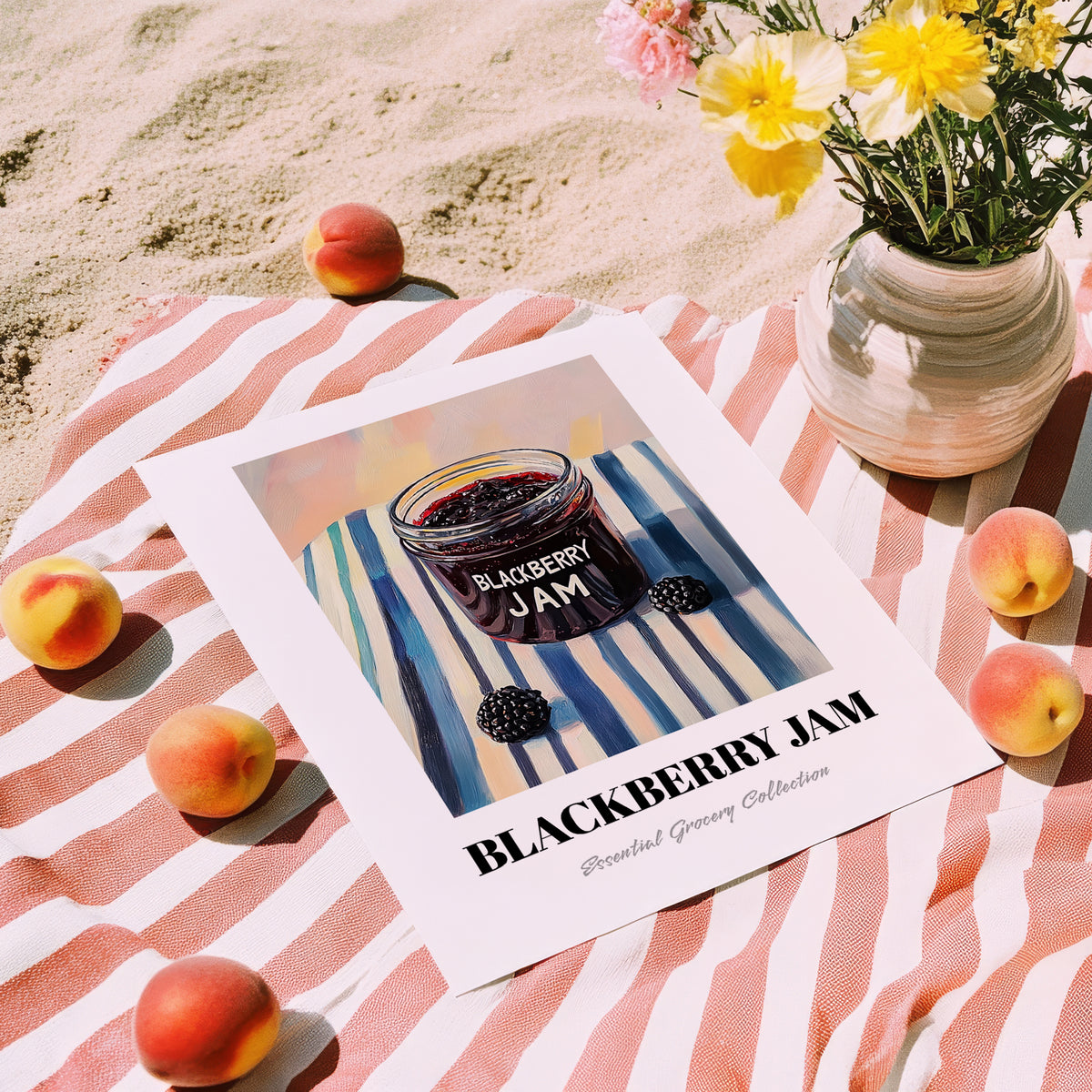 Blackberry Jam – on Striped Tablecloth, Jam Poster, unframed on coastal sand