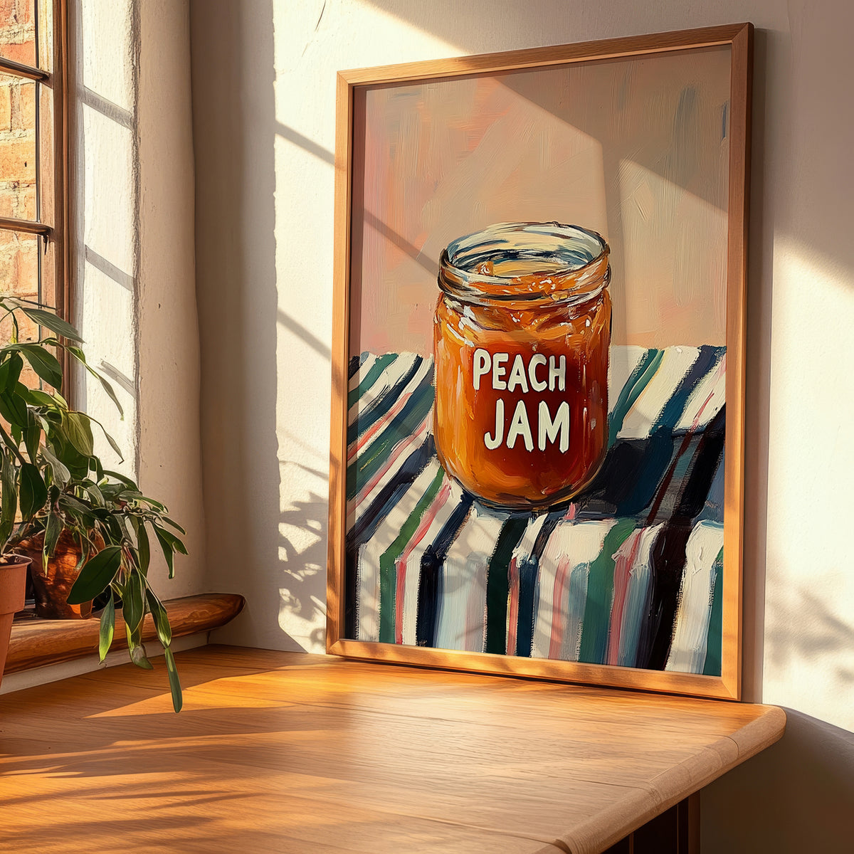 Peach Jam – on Striped Tablecloth, Jam Wall Decor, clean layout with no caption