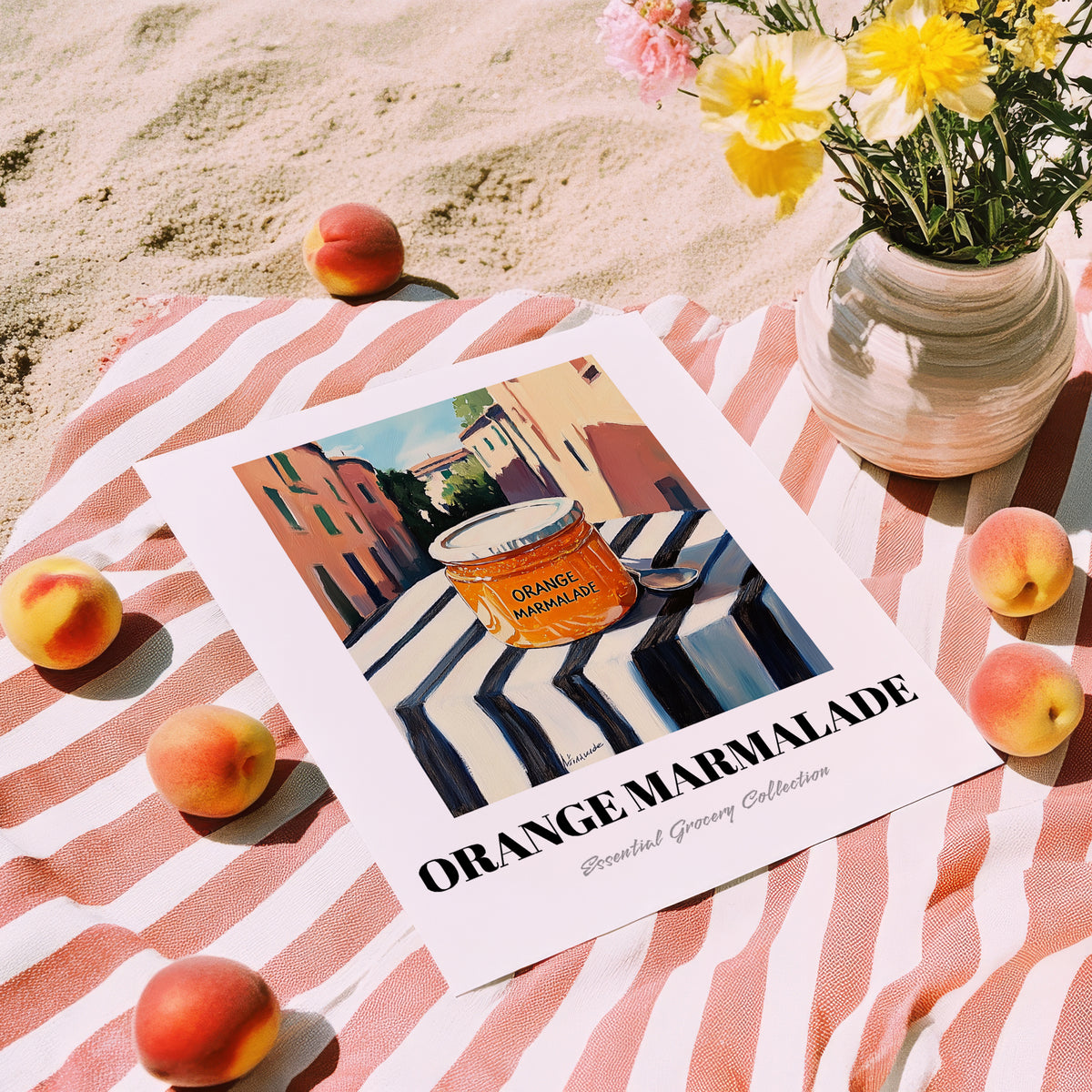 Orange Marmalade – Italian Café on the Corner, Jam Poster, unframed on coastal sand