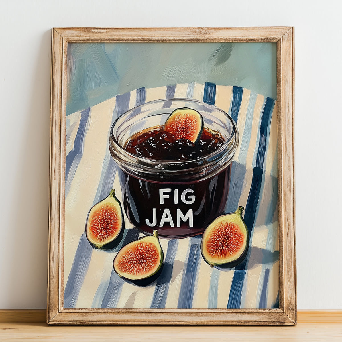 Fig Jam – on Striped Tablecloth, Jam Wall Decor, no-text version framed in wood