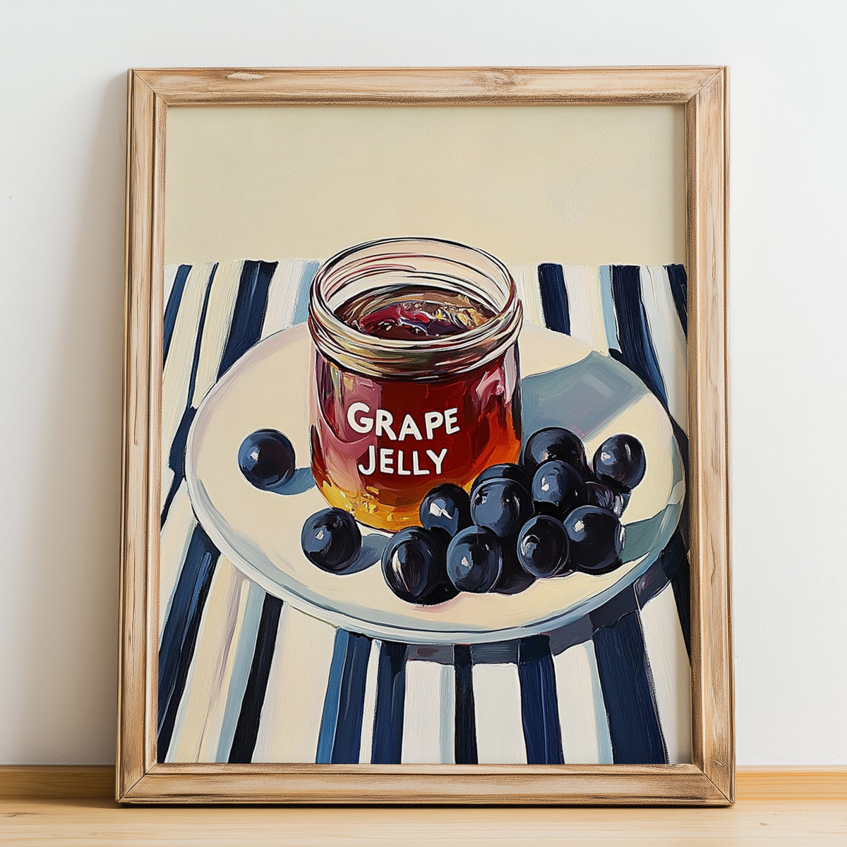 Grape Jelly – on Striped Tablecloth, Jam Art, no-text version framed in wood