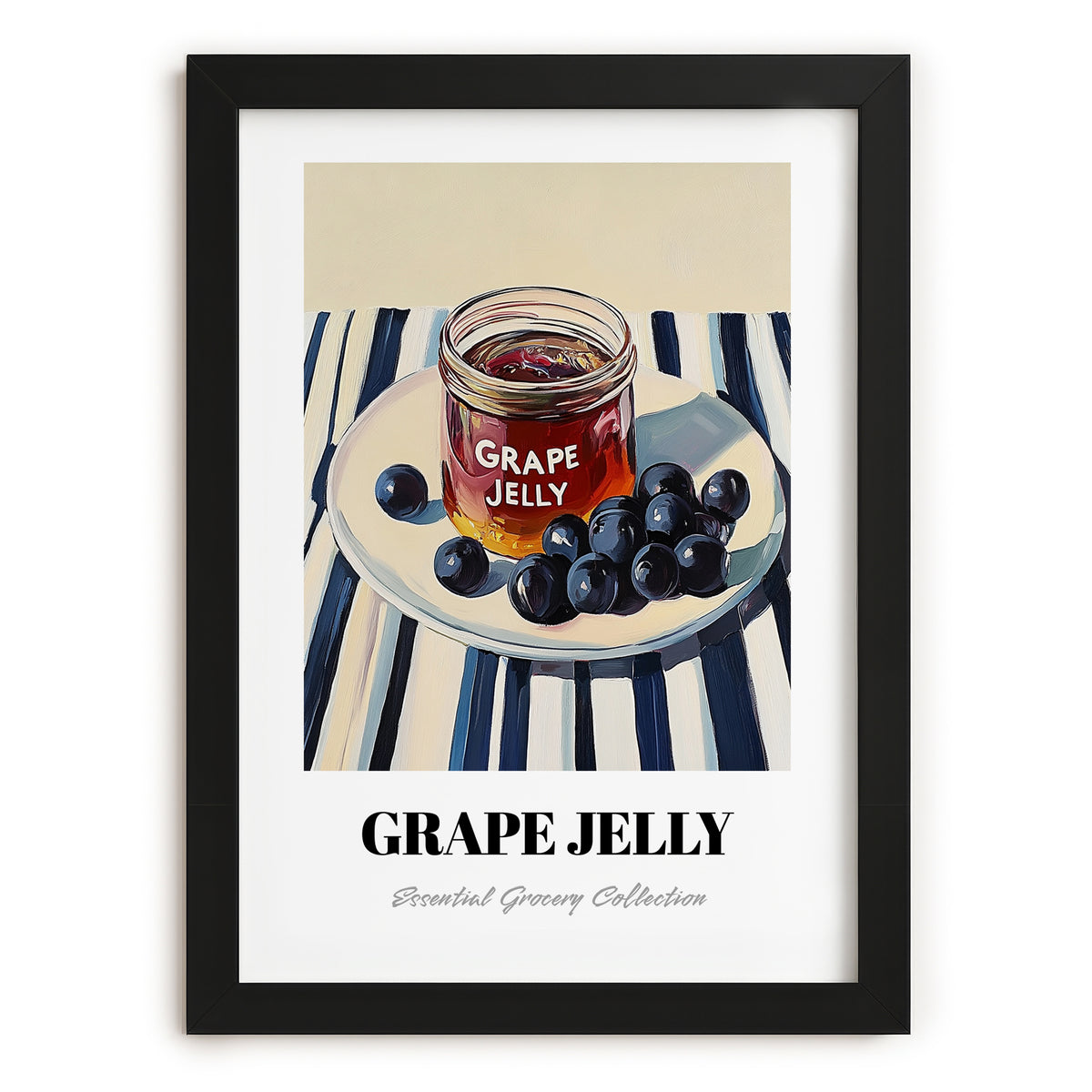 Grape Jelly – on Striped Tablecloth, Jam Art, in sleek black frame