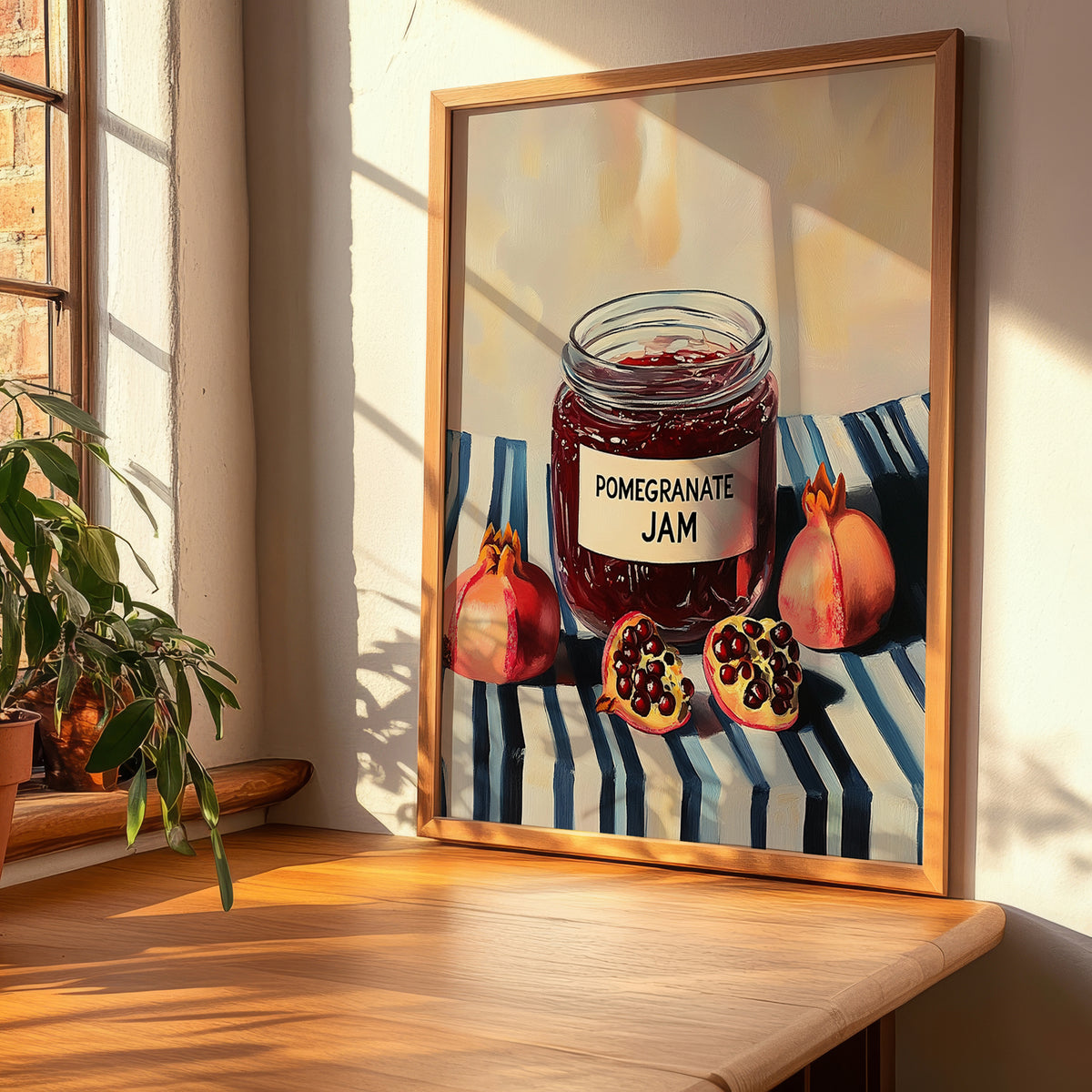 Pomegranate Jam – on Striped Tablecloth, Jam Illustration, clean layout with no caption