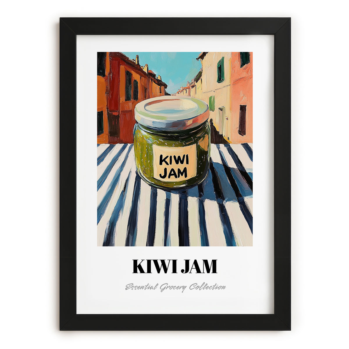 Kiwi Jam – Italian Street Café Scene, Jam Print, in sleek black frame