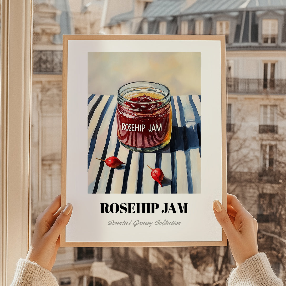 Rosehip Jam – on Striped Tablecloth, Jam Art, styled in a charming Paris street view