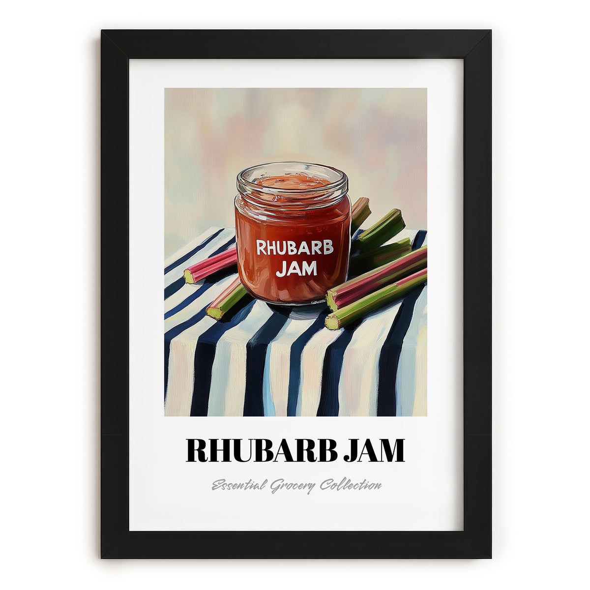 Rhubarb Jam – on Striped Tablecloth, Jam Wall Painting, in sleek black frame