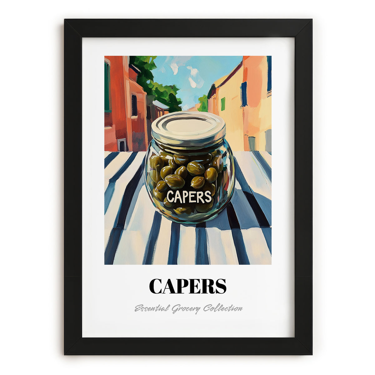 Capers – Italian Urban Café Scene, Canned Vegetables Painting, in sleek black frame