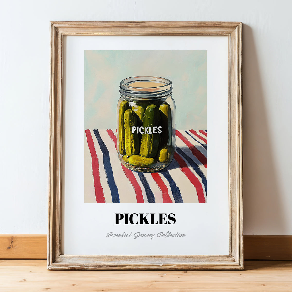 Pickles – on Striped Tablecloth, Canned Vegetables Illustration, in wooden frame leaning on the floor