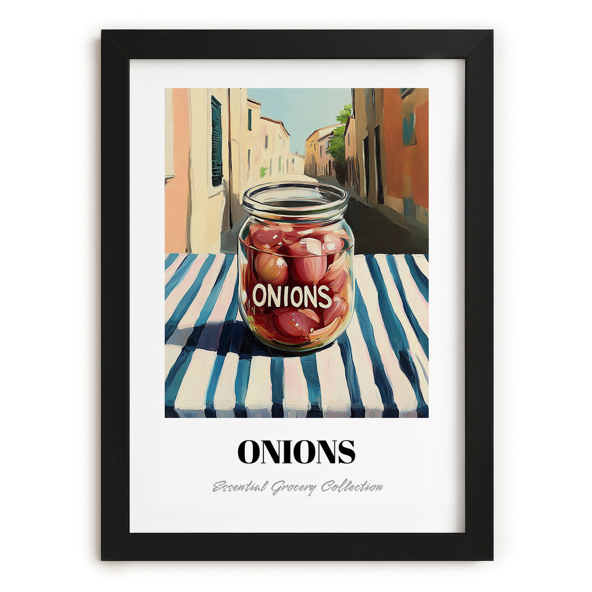 Onions – Italian Street Café Scene, Canned Vegetables Wall Poster, in sleek black frame