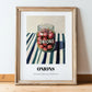 Onions – on Striped Tablecloth, Canned Vegetables Poster, in wooden frame leaning on the floor
