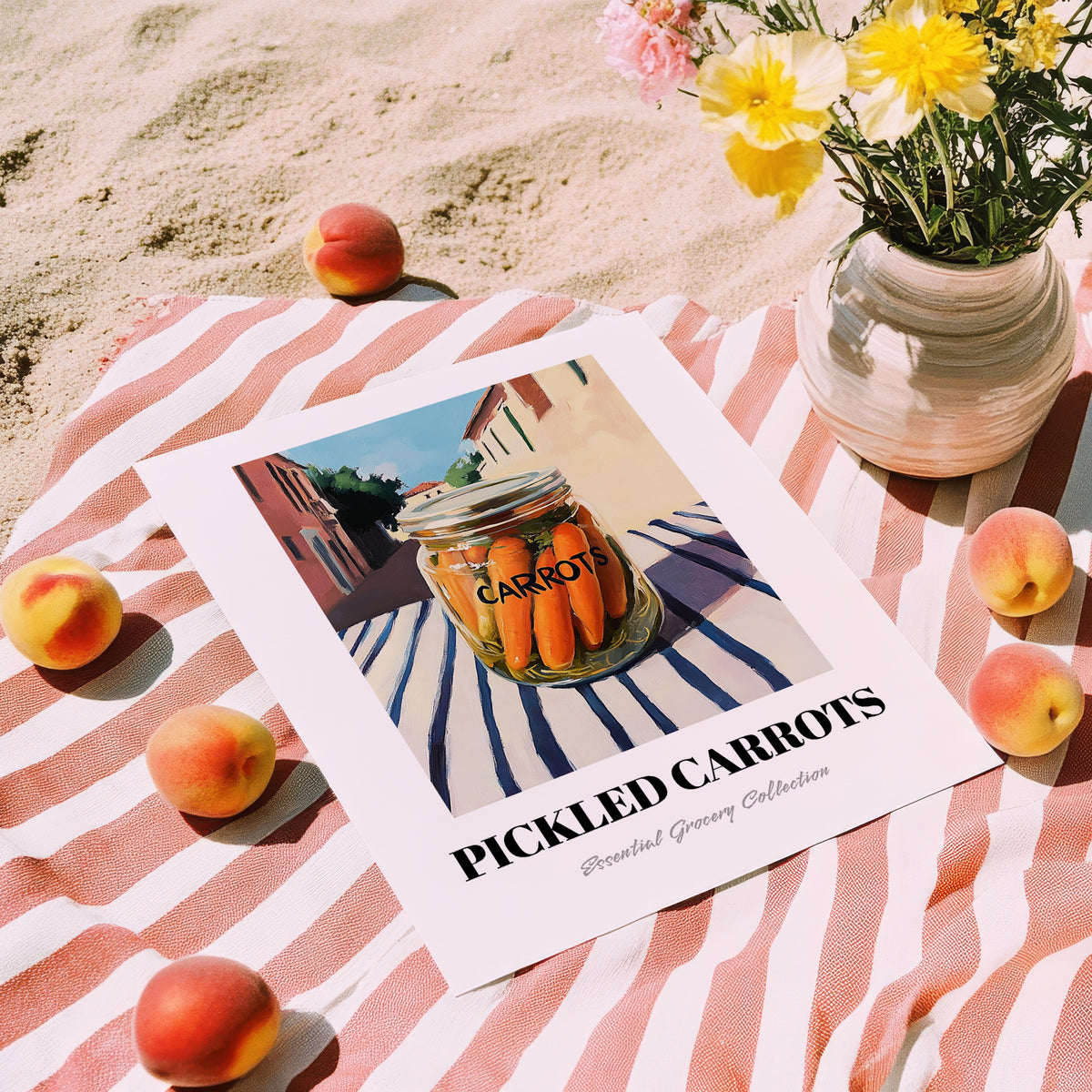 Pickled Carrots – Italian Urban Café Scene, Canned Vegetables Still Life, unframed on coastal sand
