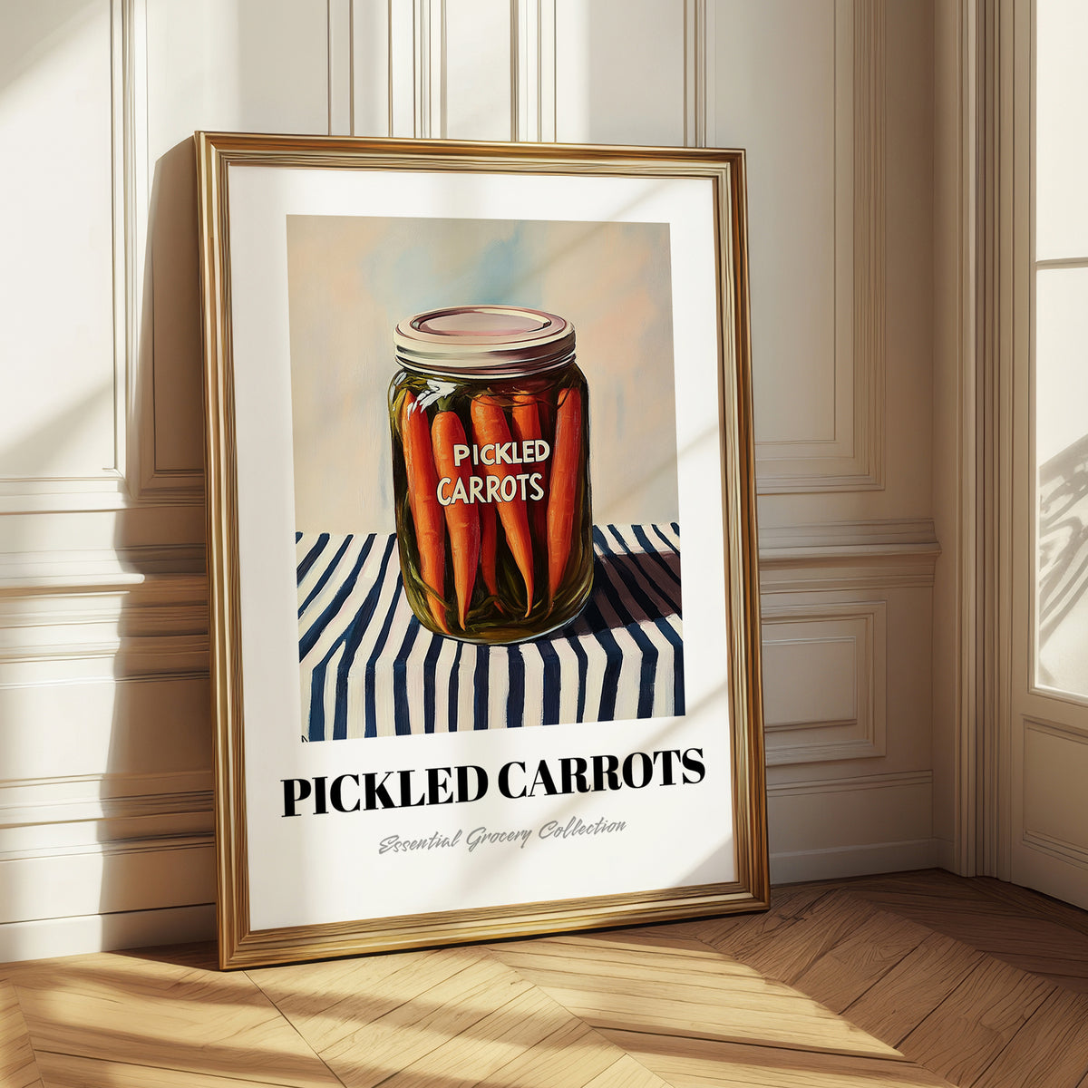 Pickled Carrots – on Striped Tablecloth, Canned Vegetables Wall Decor