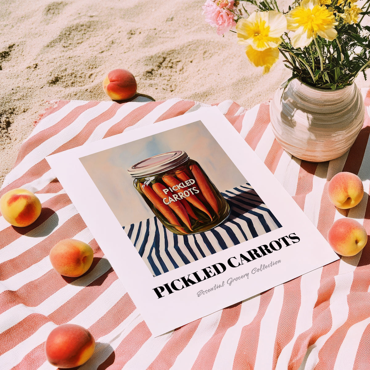 Pickled Carrots – on Striped Tablecloth, Canned Vegetables Wall Decor, unframed on coastal sand