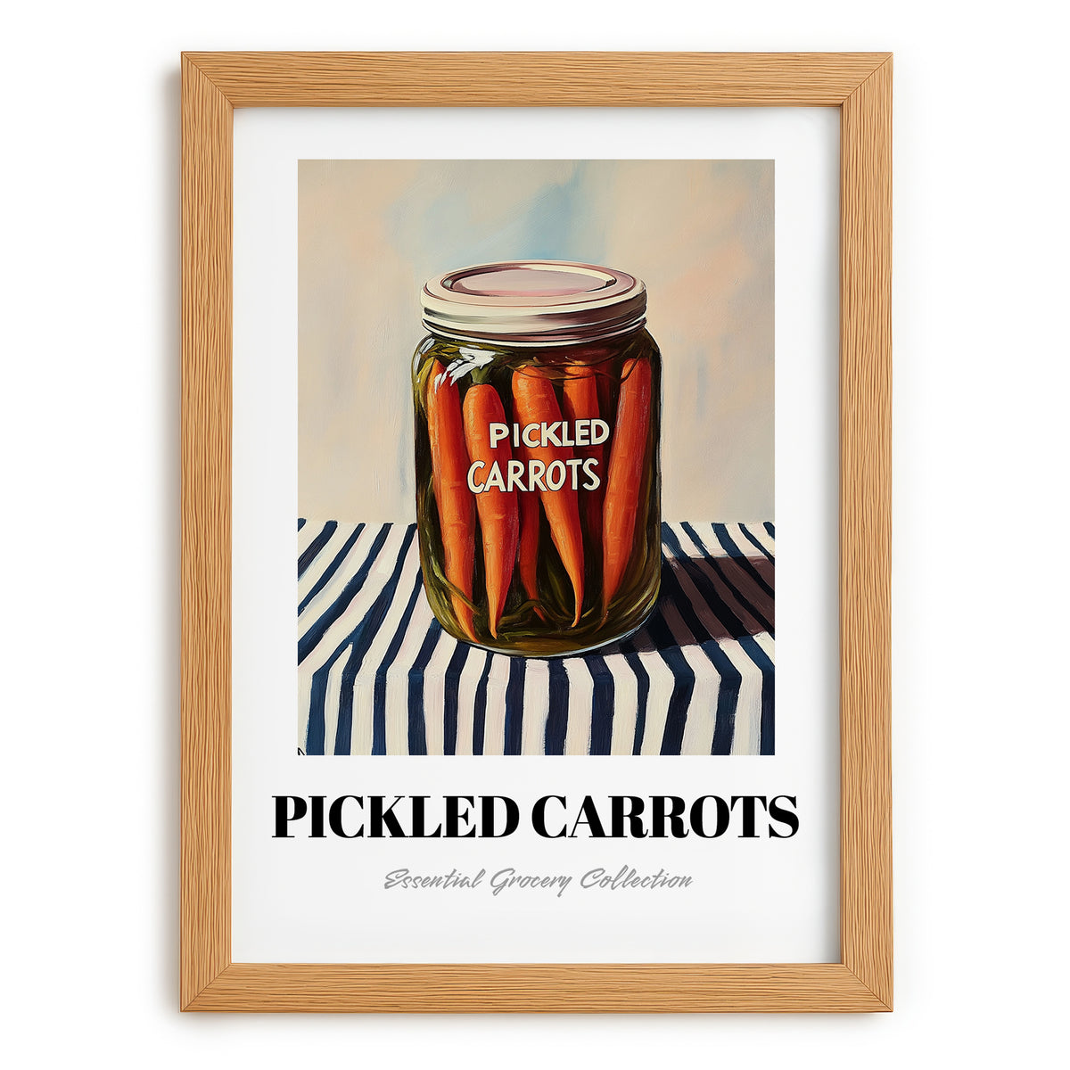 Pickled Carrots – on Striped Tablecloth, Canned Vegetables Wall Decor, set in oak frame
