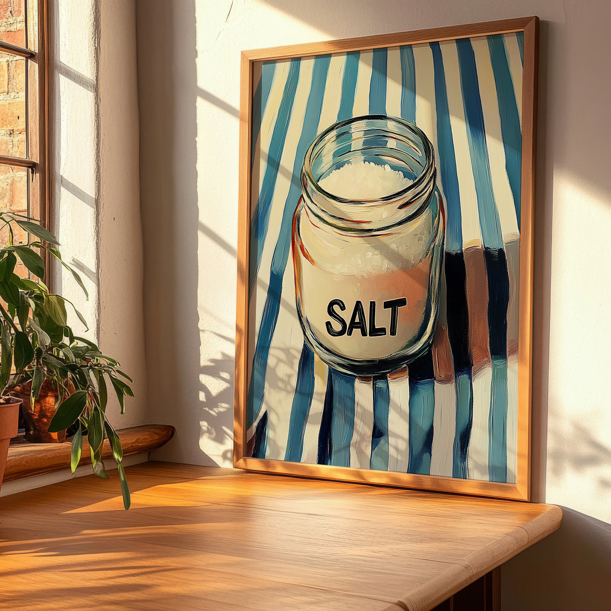 Salt – on Striped Tablecloth, Spices Art, clean layout with no caption