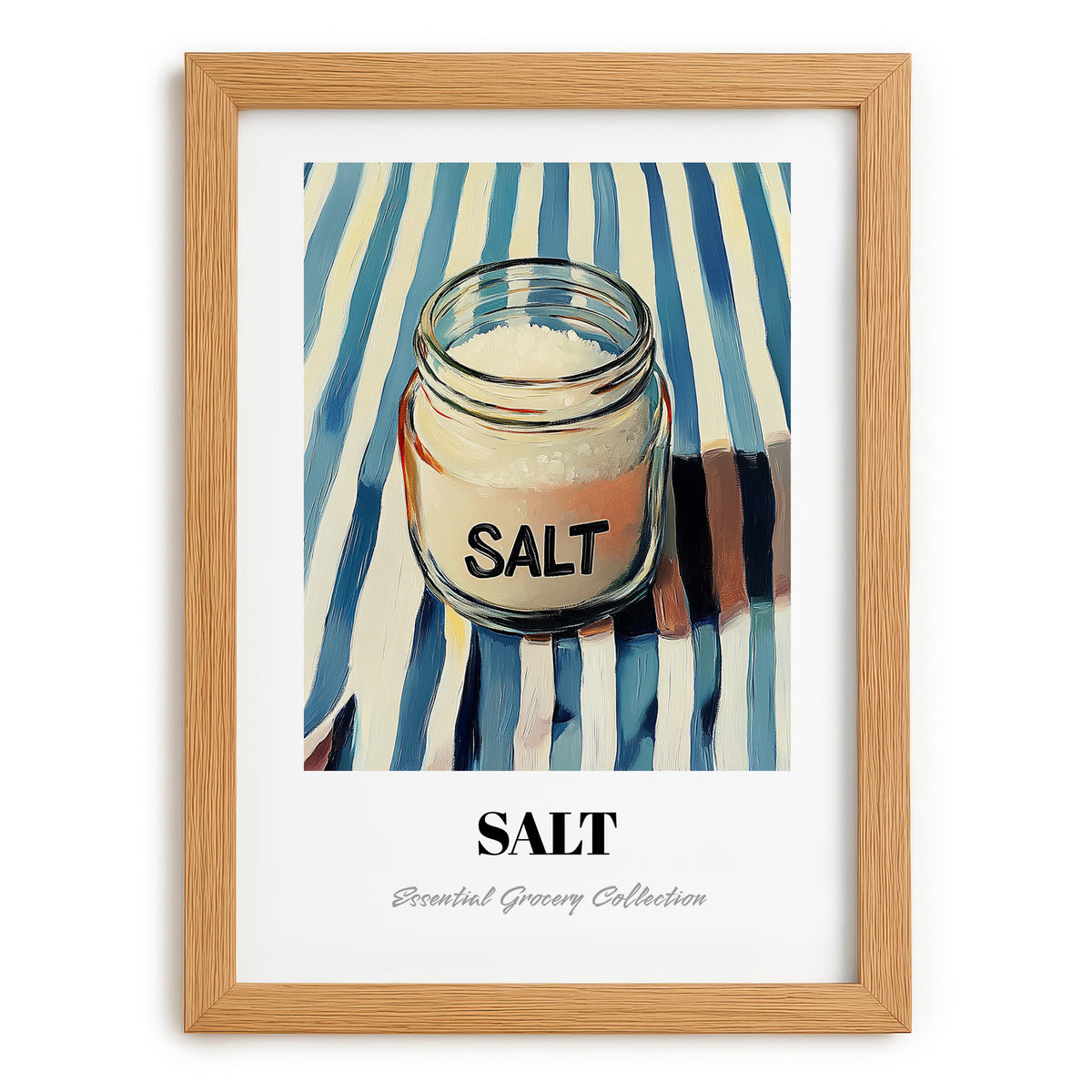Salt – on Striped Tablecloth, Spices Art, set in oak frame