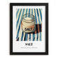 Salt – on Striped Tablecloth, Spices Art, in sleek black frame