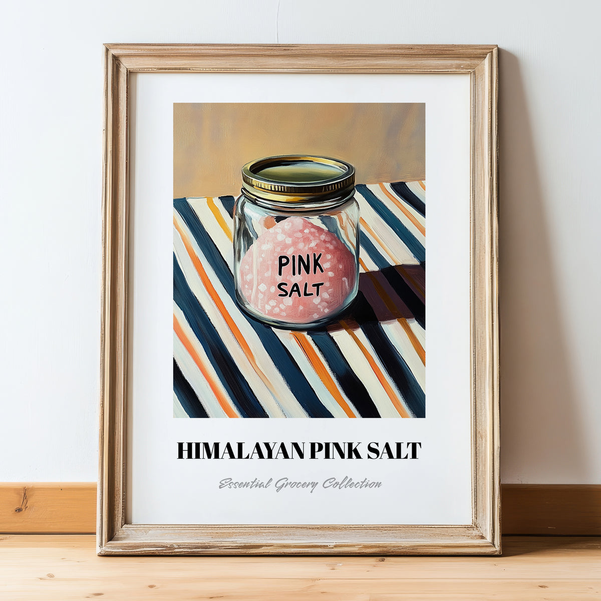 Himalayan Pink Salt – on Striped Tablecloth, Spices Poster, in wooden frame leaning on the floor