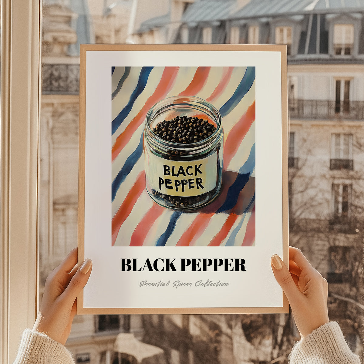 Black Pepper – on Striped Tablecloth, Spices Wall Decor, styled in a charming Paris street view
