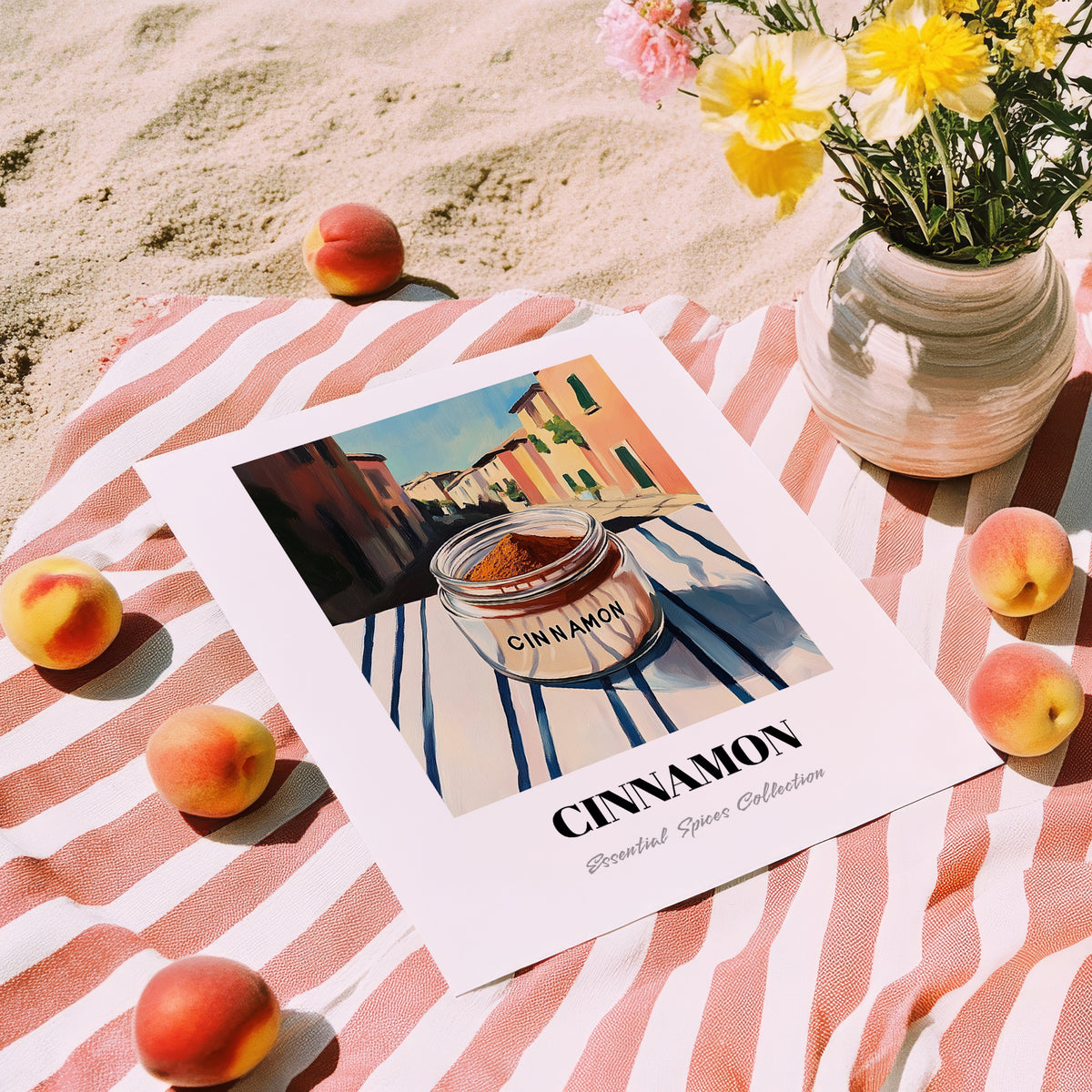 Cinnamon – Italian Urban Café Scene, Spices Poster, unframed on coastal sand