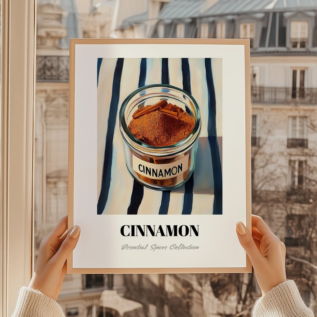 Cinnamon – on Striped Tablecloth, Spices Still Life, styled in a charming Paris street view