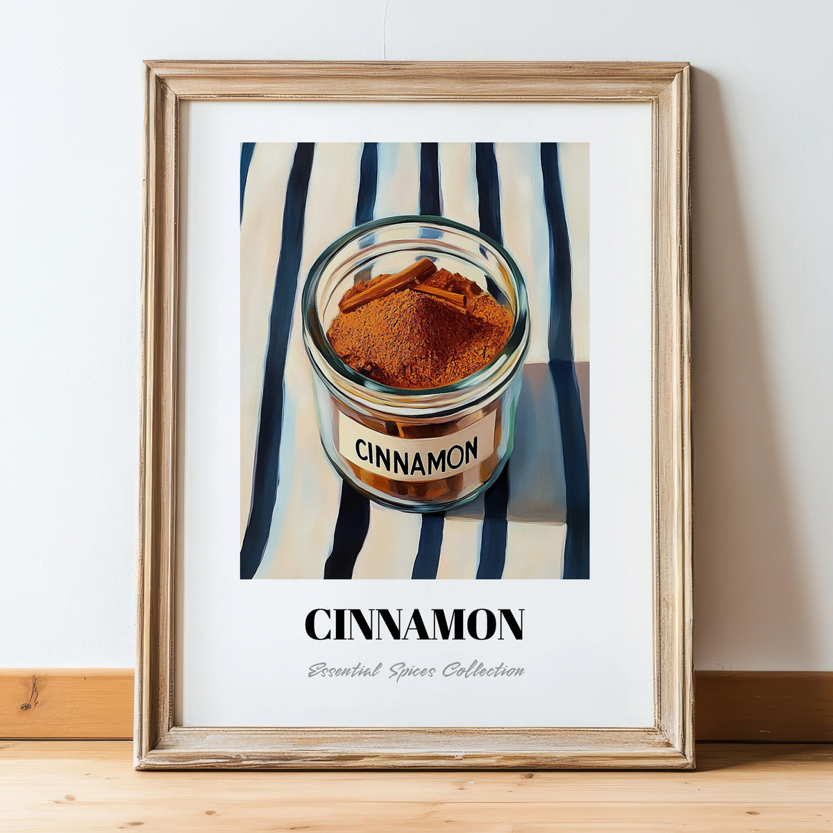 Cinnamon – on Striped Tablecloth, Spices Still Life, in wooden frame leaning on the floor