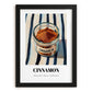 Cinnamon – on Striped Tablecloth, Spices Still Life, in sleek black frame