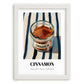Cinnamon – on Striped Tablecloth, Spices Still Life, placed in minimal white frame