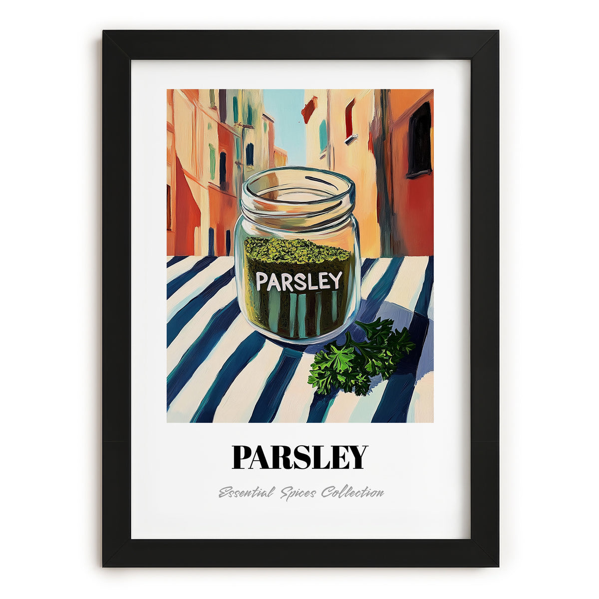 Parsley – Italian Street Café Scene, Spices Poster, in sleek black frame