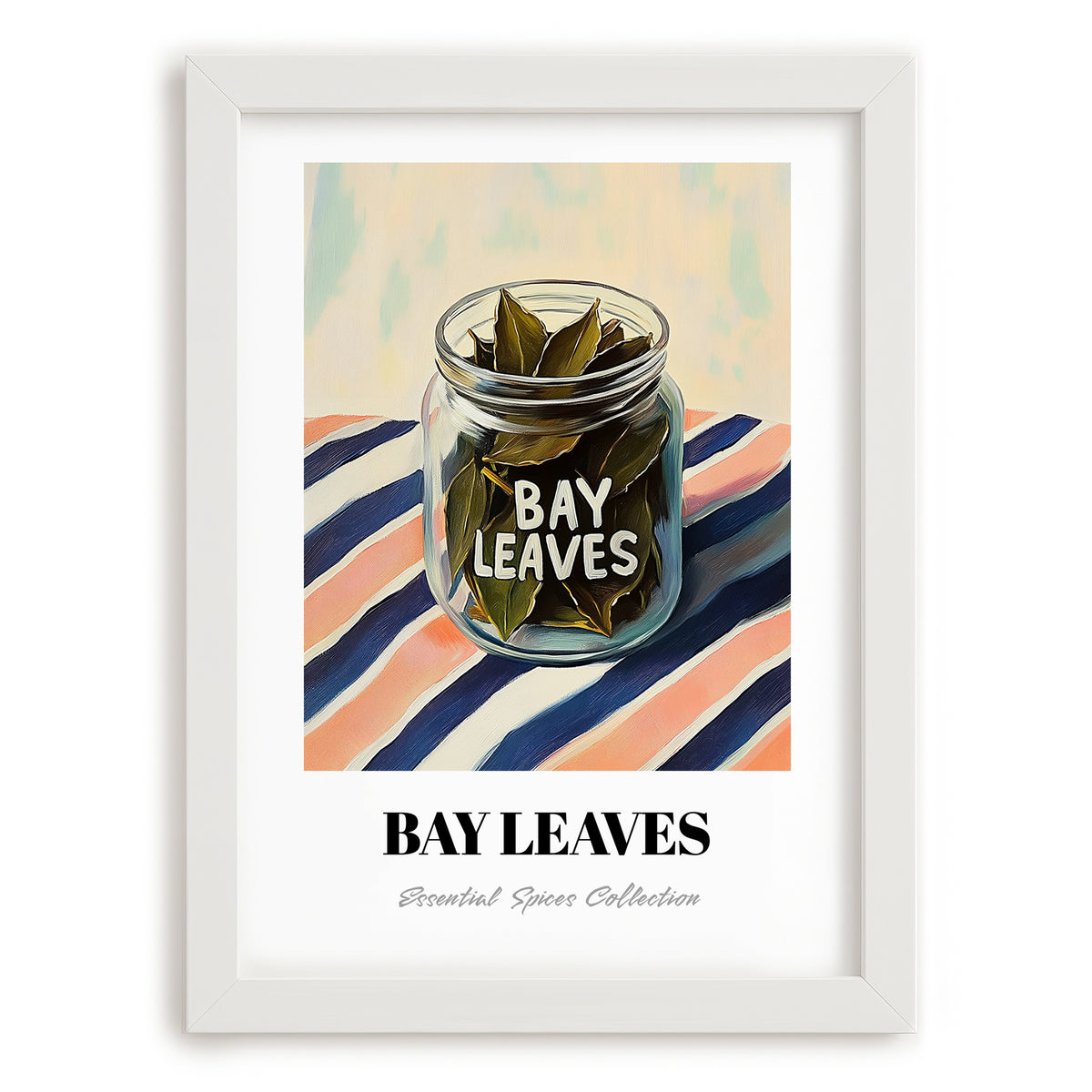 Bay Leaves – on Striped Tablecloth, Spices Wall Decor, placed in minimal white frame