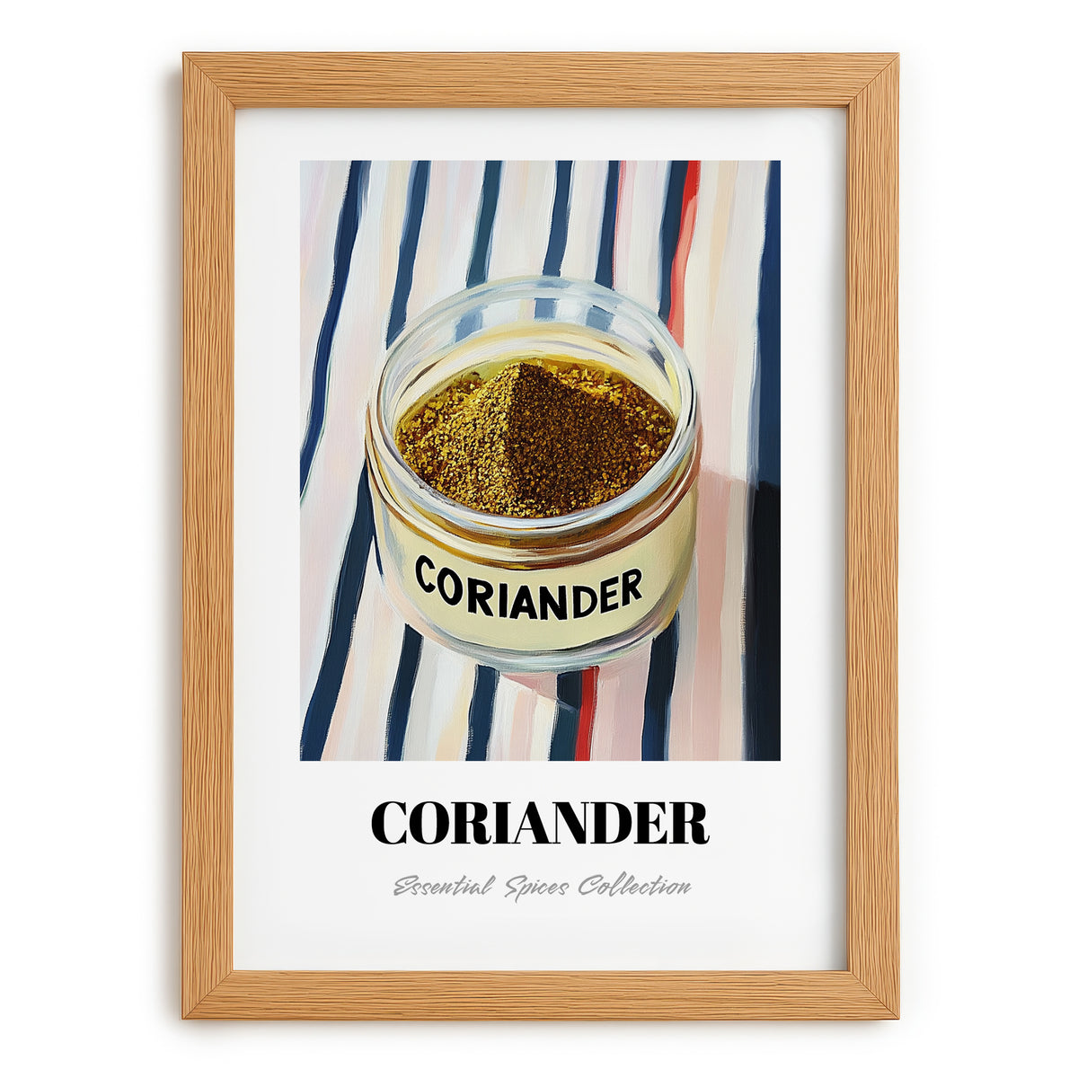 Coriander – on Striped Tablecloth, Spices Poster, set in oak frame