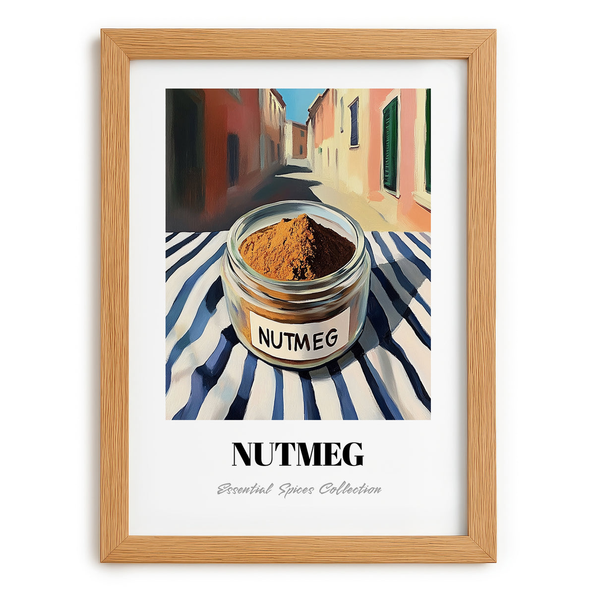 Nutmeg – Italian Street Café Scene, Spices Wall Decor, set in oak frame