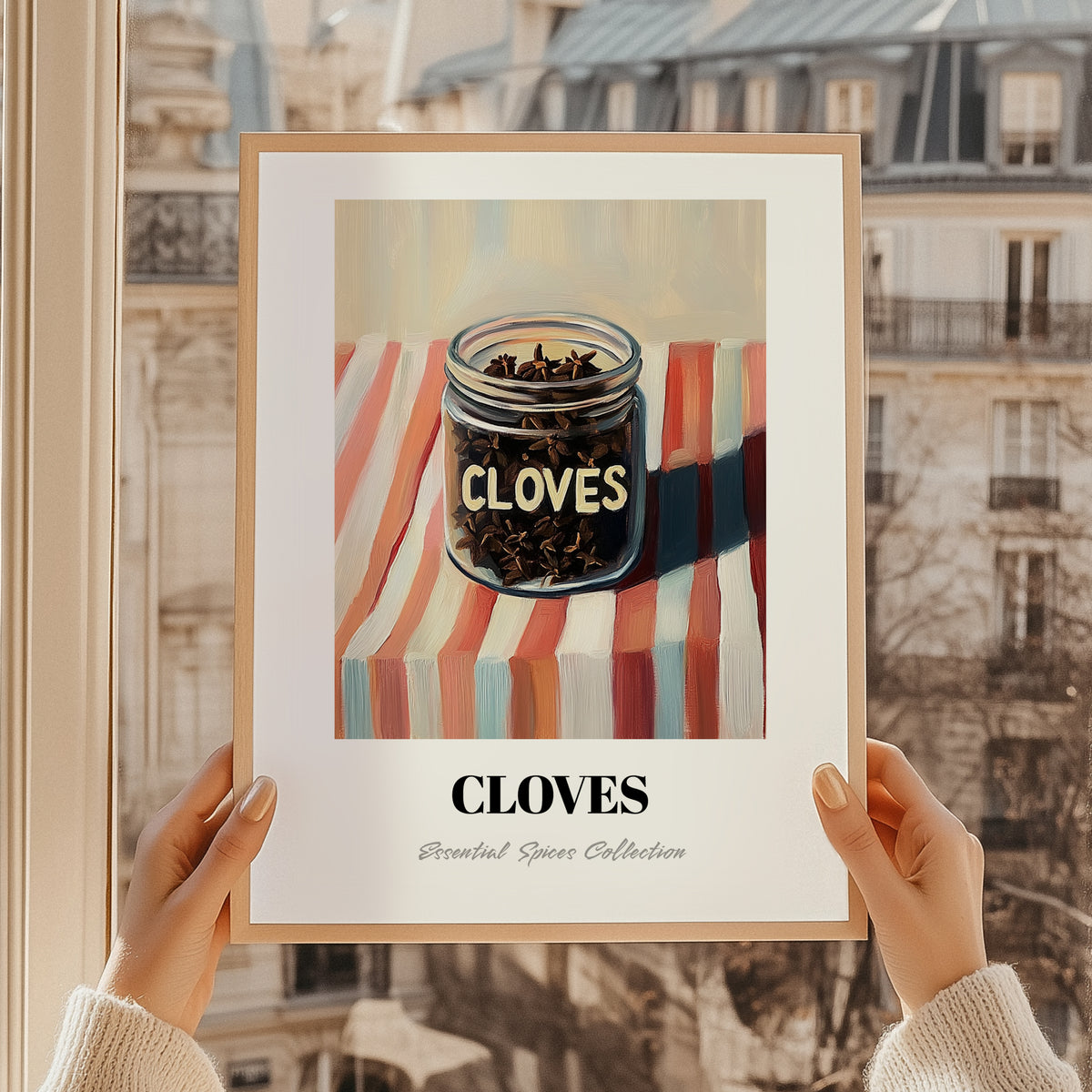 Cloves – on Striped Tablecloth, Spices Painting, styled in a charming Paris street view